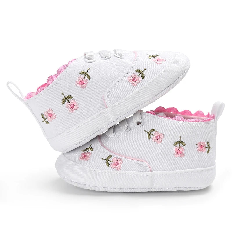 Baby Shoes Infant Pre-Walker Shoes, Floral Embroidery/ Bow Princess Sneakers, Soft Sole Casual Footwear for Baby Girls0-18M