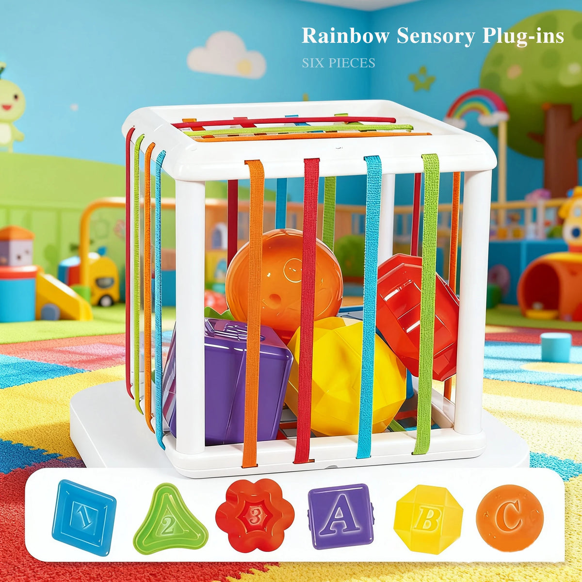 Montessori Baby Grasping Ball, Rainbow Sensory Toy with Rattle & Teether, Early Educational Shape Sorter for Fine Motor Skills