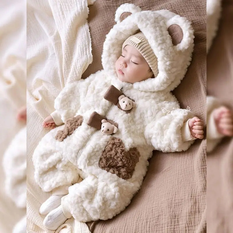 2026 Winter Baby Girls Boys Cute Cartoon Bear Soft Warm Fleece Hooded Rompers Infant Kids Long Sleeve Overalls Jumpsuit