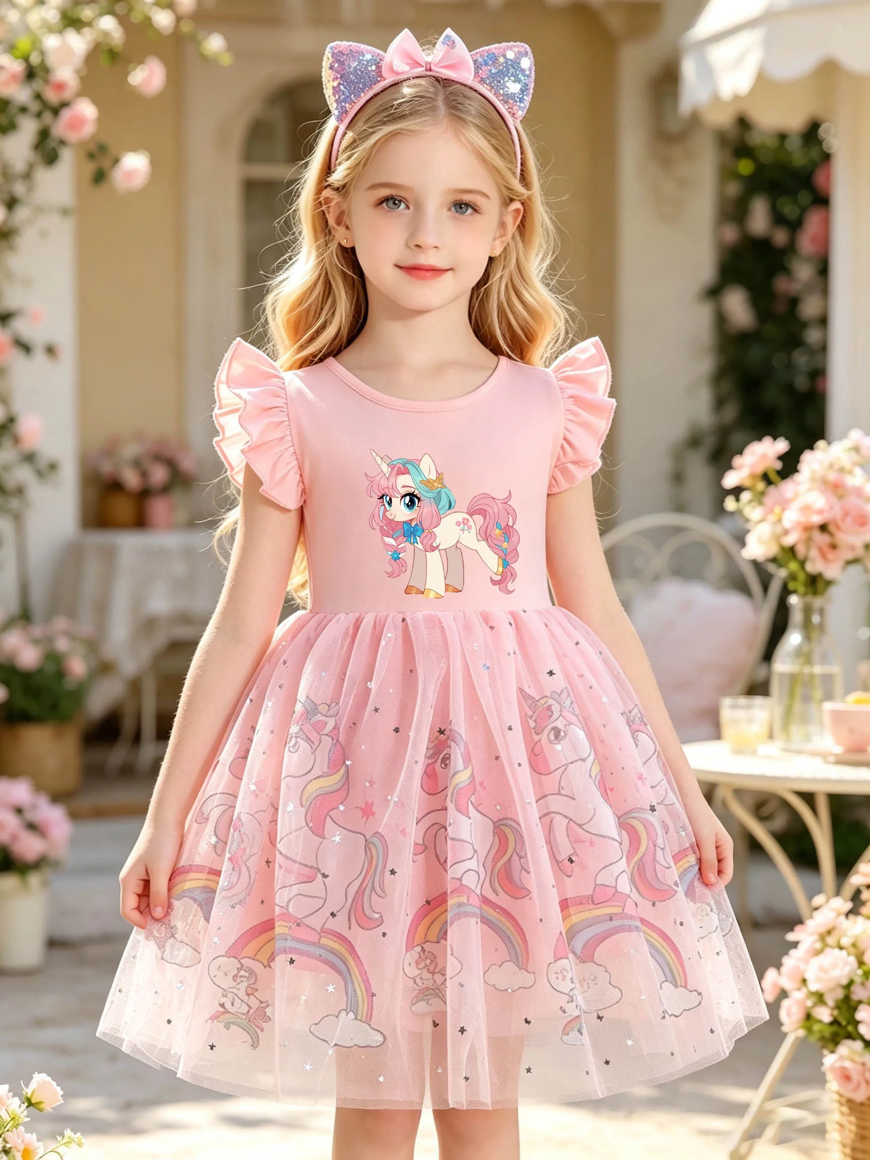 Girls' Summer Dress with Pink Bow & Pony, Ruffle Flutter Sleeves, Sparkly Star Tulle Short-Sleeve Tutu Dress