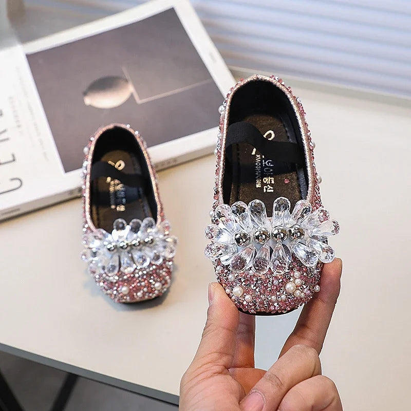 Children's Shoe for Girl Fashion Rhinestone Kids Leather Shoes Sequins Princess Ballet Slip-on Versatile Toddler Casual Shoes