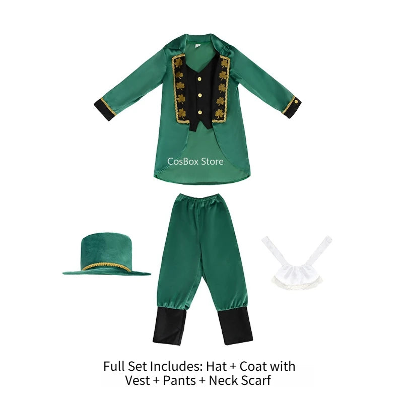 Boys Girls St.Patrick's Day Tailcoat Dress Costume Irish Elf Leprechaun School Party Outfits Halloween Carnival Stage PEFR Set