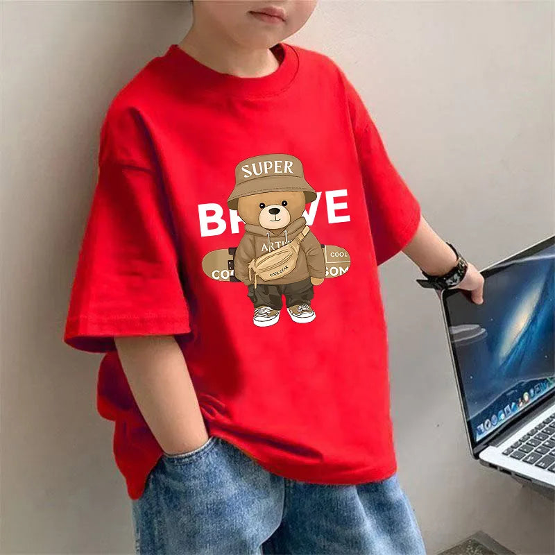 Boys' Short-sleeved T-shirt, Thin Bear Print Top, New Summer Sports and Casual Style for Middle-aged Children Kids Clothes