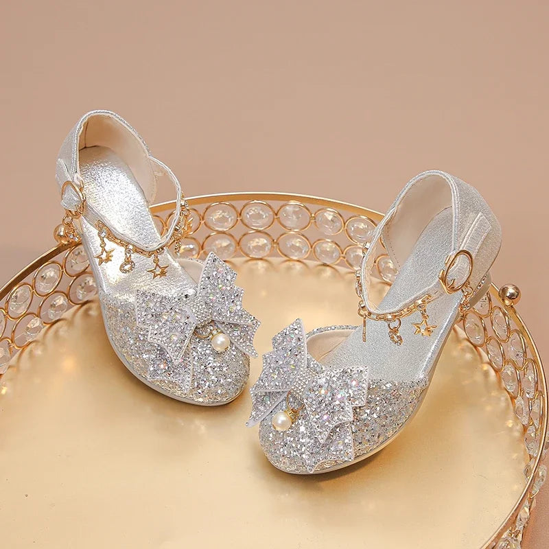 Girls High Heeled Leather Shoes High Heels for Wedding Party Glitter Rhinestone with Bow-knot Kids Dress Pendant Bling Sparkling
