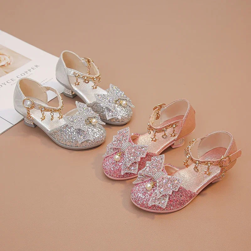 Girls High Heeled Leather Shoes High Heels for Wedding Party Glitter Rhinestone with Bow-knot Kids Dress Pendant Bling Sparkling