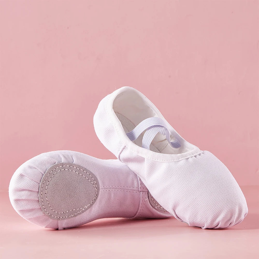 Girls Ballet Slippers Kids Dance Shoes Adult Gymnastics Training Canvas Soft Leather Sole No Shoelaces