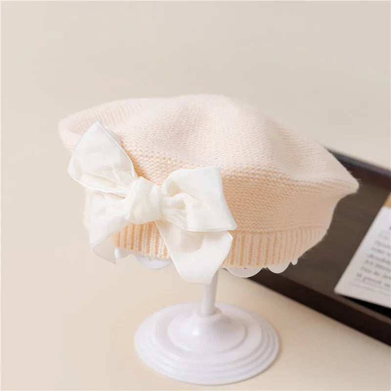 New Winter Baby Girls Warm Bowknot Knitted Hats Children Beret Beanie Hat Solid Hat Soft Chirstmas Kids Bonnet For 3-12Years