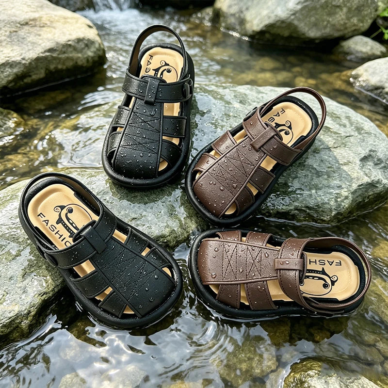 Boys Classic Roman Closed Toe Sandals Soft Non Slip Sole Breathable Summer Kids Casual Beach Daily Walking Shoes