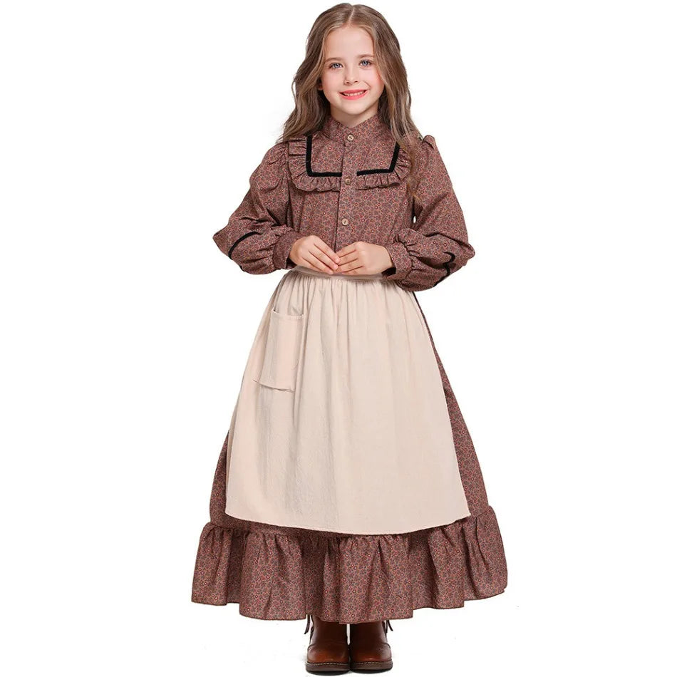 Girls Historical American Colonial Costume Tween Teens Brown Floral Victorian Medieval Dress Maid Long Dress With Apron PS66