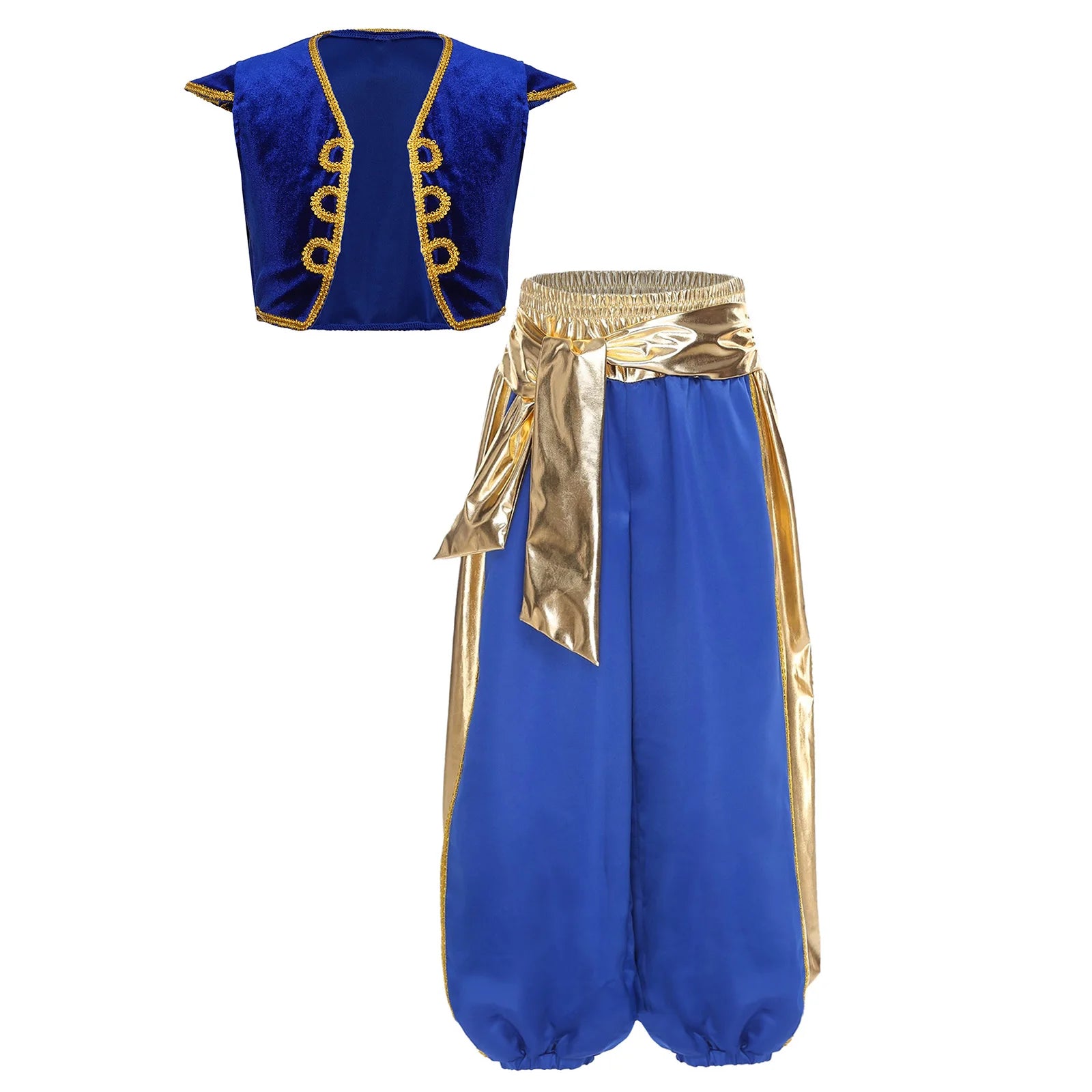 Teen Boys Arabian Prince Dress Up Outfit Halloween Lamp Elf Cosplay Costume Cap Sleeve Vest with Harem Pants Arab Dance Bloomers