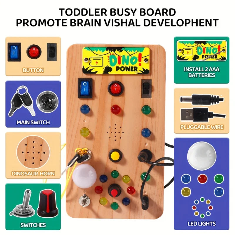 Montessori LED Light Busy Board Simulator with Switch and Dinosaur Sound Effects: A smart educational toy suitable for toddlers.