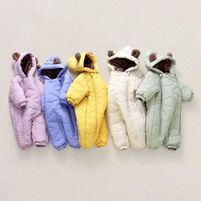 Winter Bear Ears Warm Baby Snowsuit Cute Solid Thickened Fleece for Girl Boy Jumpsuit Lined Double-Layer Hooded Toddler Romper