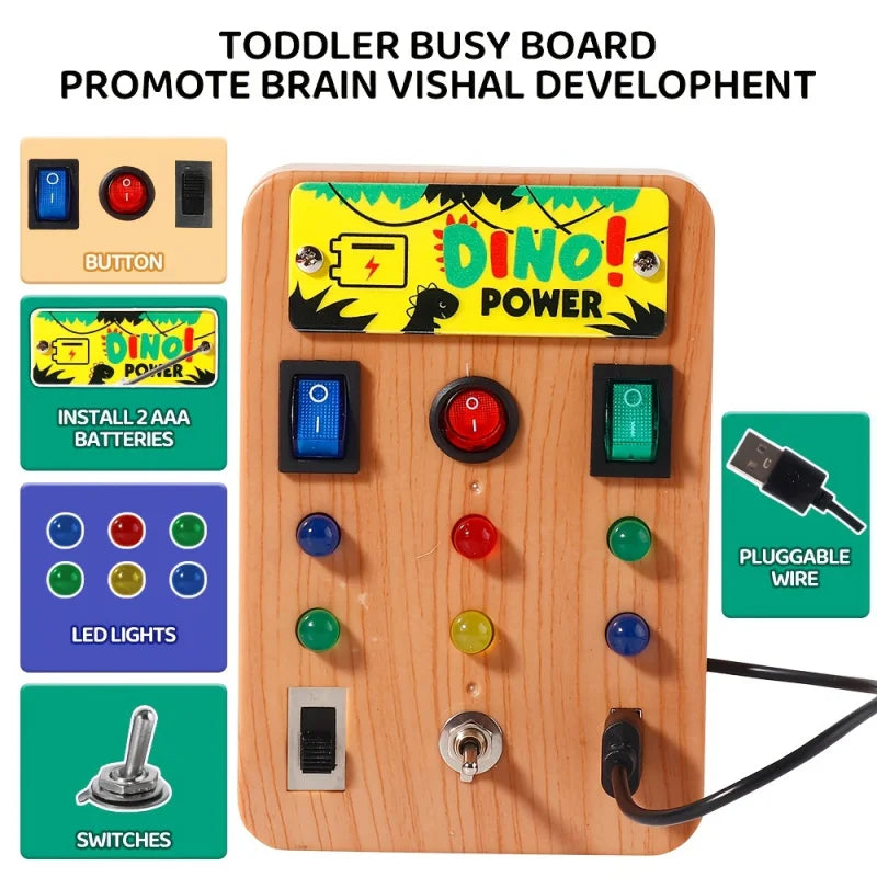 Montessori LED Light Busy Board Simulator with Switch and Dinosaur Sound Effects: A smart educational toy suitable for toddlers.