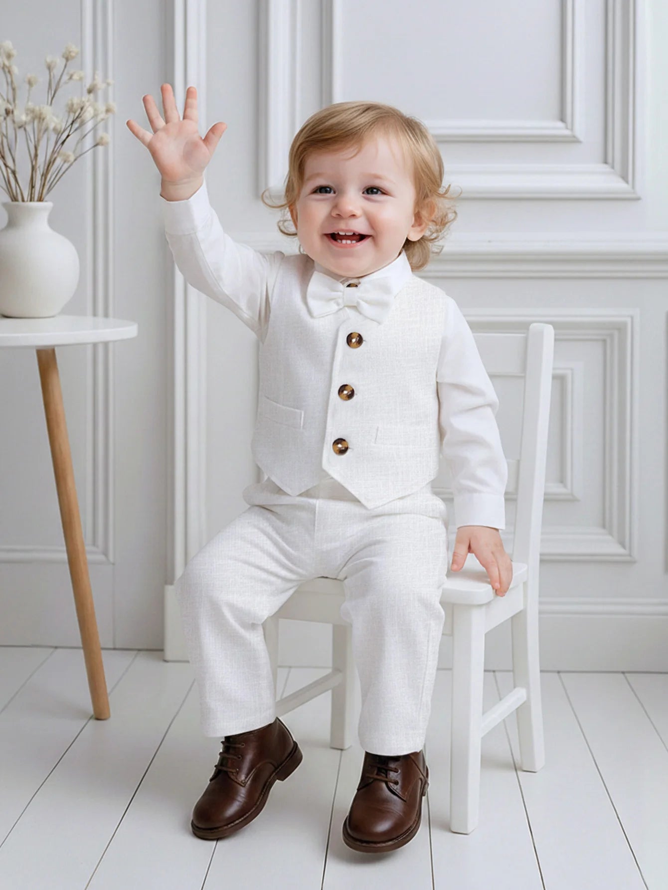 Baby Boy Christening Outfit Set - Long Sleeve Collared Romper Gown Vest+Pants+Mini Bow Tie Gentleman Formal Dress Suit Set