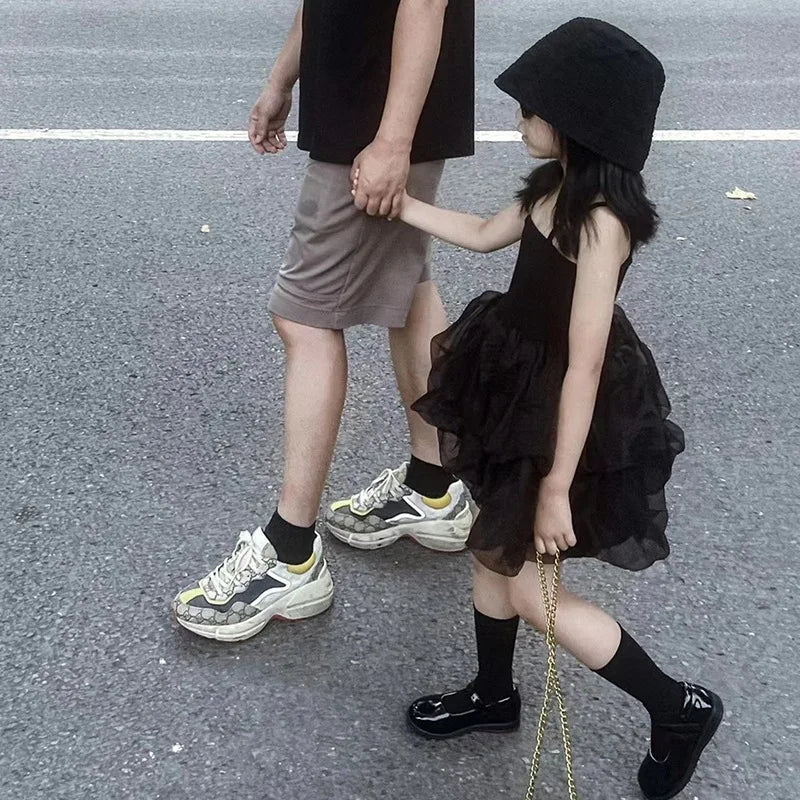 Girls' Summer Dress 2025 New Children's Party Princess Dress Children's Yarn Black Strap Dress Baby Girl Clothes