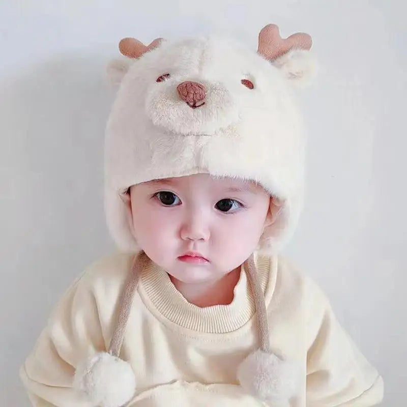 Cute Winter Warm Kids Girl Boys Baby Hats Fleece Wool Hemming Caps With Ball Solid Wool Ear Protection Hats Soft Newborn Bonnet