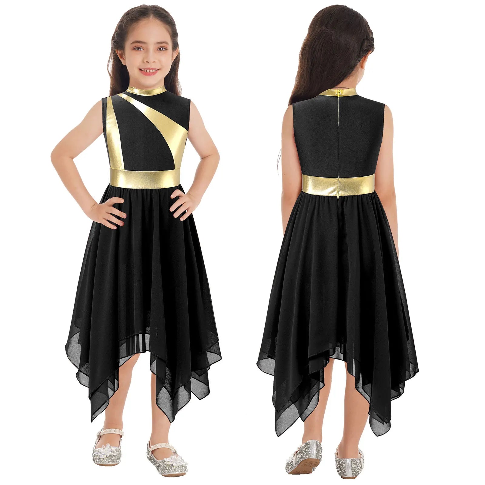Kids Girls Modern Lyrical Ballroom Dance Dress Church Choir Praise Costume Sleeveless Asymmetrical Hem Contrast Color Gown
