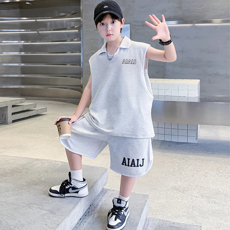 Boys Clothing Set American Style Children Vintage Vest Casual Sport Loose Pullover Sleeveless T-shirt Top Shorts Two-piece Set