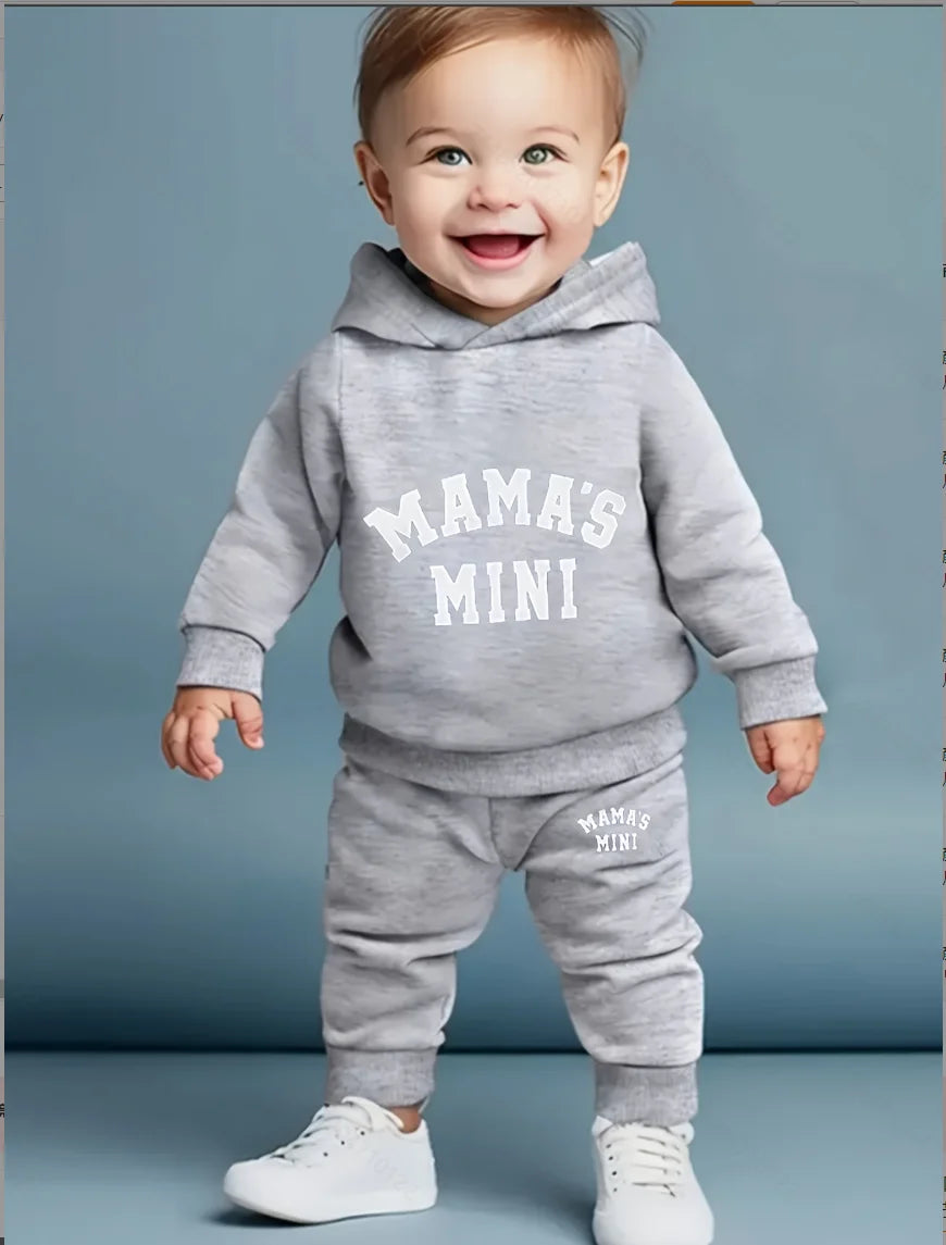Newborn baby girl Autumn and Winter Edition Mom Little Baby Letter Printed Fleece hoodie and Pants Set