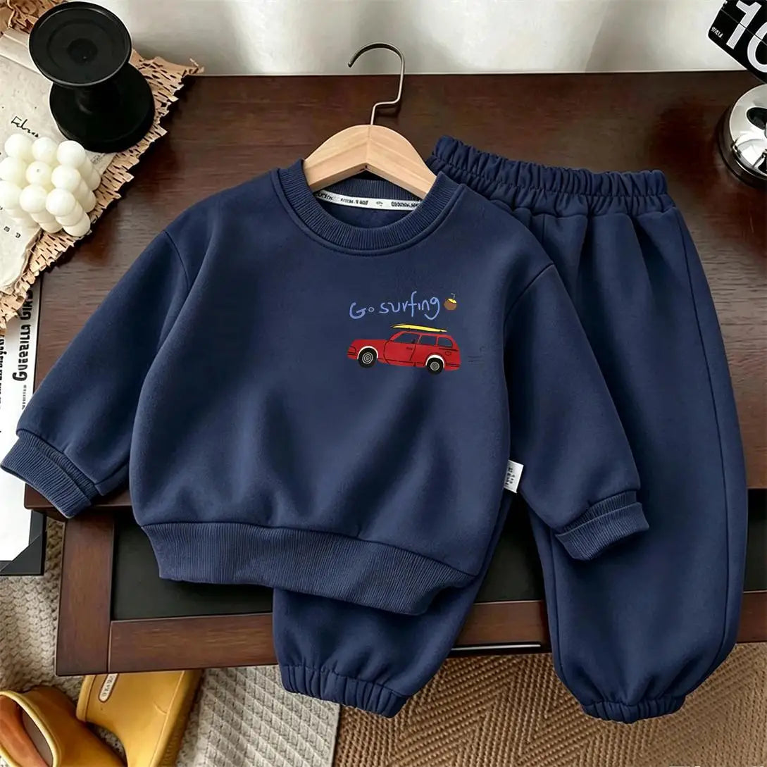 Boys Trendy Outfits Little Car Print Sweatshirts All-match Pants Fashion Sports Costume Children New Solid Color Two Piece Set