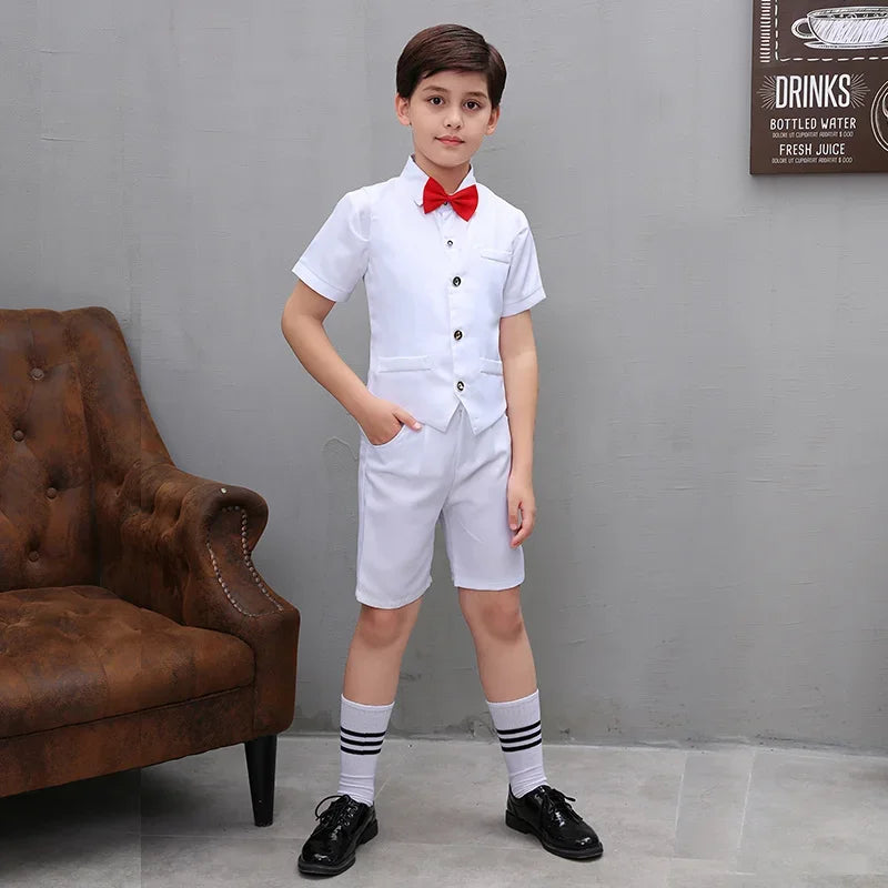 Boys' Small Suit, Vest Set, Big Children's Strap Pants, Performance Dress, Wedding Piano Performance