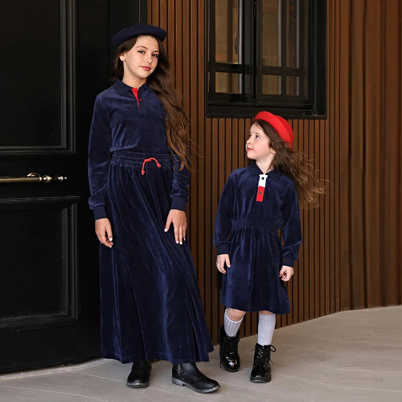 Family Clothes Navy Velour Set Girls Dress Boys Shirt Baby Romper Older 2 Pieces Set Long Sleeves Children Outfit Clothes