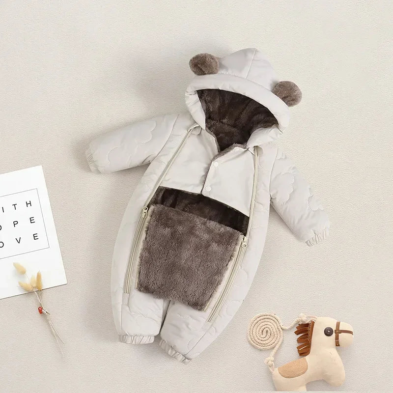 Winter Bear Ears Warm Baby Snowsuit Cute Solid Thickened Fleece for Girl Boy Jumpsuit Lined Double-Layer Hooded Toddler Romper