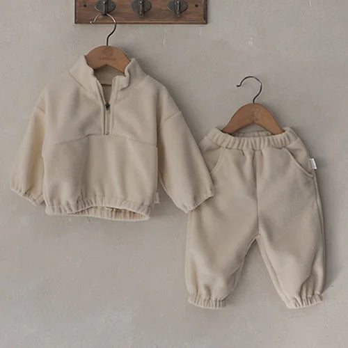 Autumn Winter Toddler Baby Boys Girl Sports Suit Children Clothes Fleece Solid Color Hoodies Suit Infant Boys Girl Outfit 2PCS