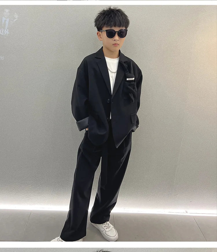 School Boys Suits Casual Blazer Wide-legged Trousers Two Piece Kids Clothes Set Khaki Loose Children Wedding Birthday Costumes