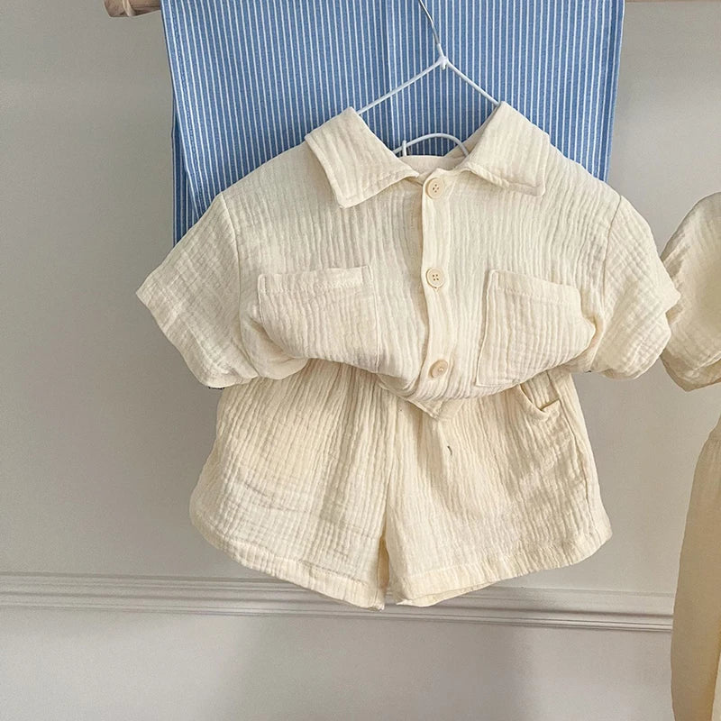 Children's Summer Clothing Set Boys' Short Sleeve Shirt Shorts 2pcs Casual Suit Girls' Solid Color Dress Sister Brother Outfit
