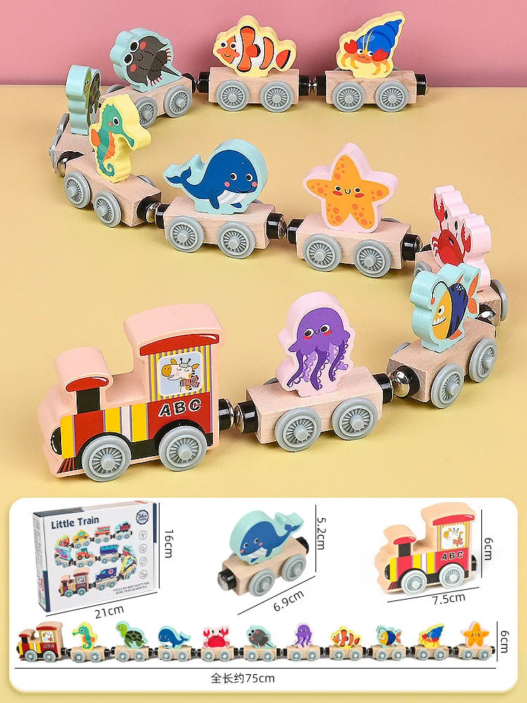 Montessori Magnetic Wooden Train Toys Early Educational Cognition Color Toy Learning Cars Animal Fruits Puzzle Train Set For kid