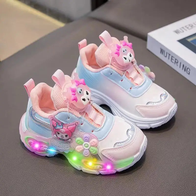 Girls Casual Sports Shoes Girls Spring New Electric Dad Shoes Children's Princess Running Shoes Soft Soled Rotating Button Shoes