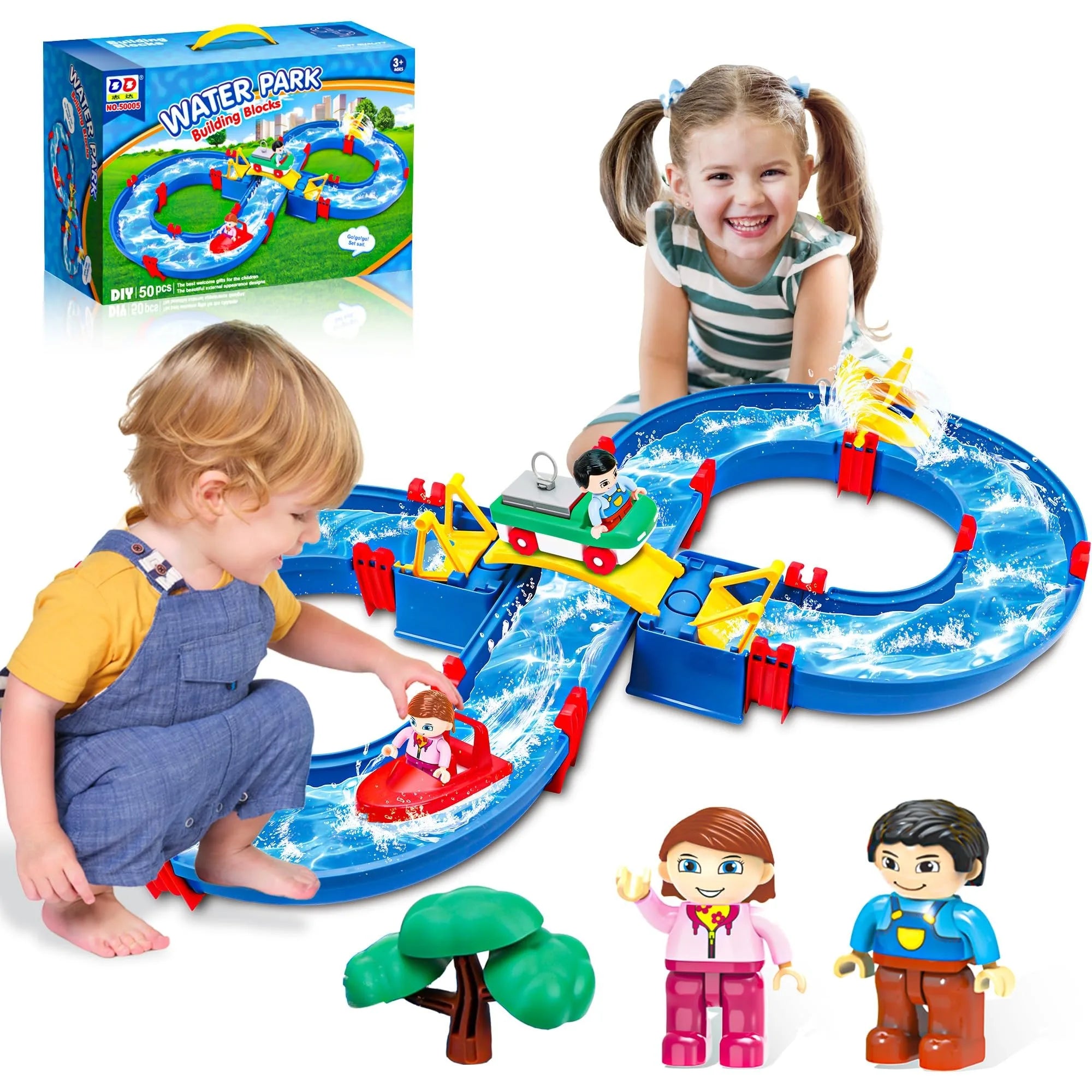 Children's outdoor water table toys, water park toy set of 50 DIY beach toys, lawn, pool waterway toys, suitable for boys and gi