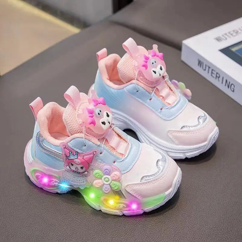 Girls Casual Sports Shoes Girls Spring New Electric Dad Shoes Children's Princess Running Shoes Soft Soled Rotating Button Shoes
