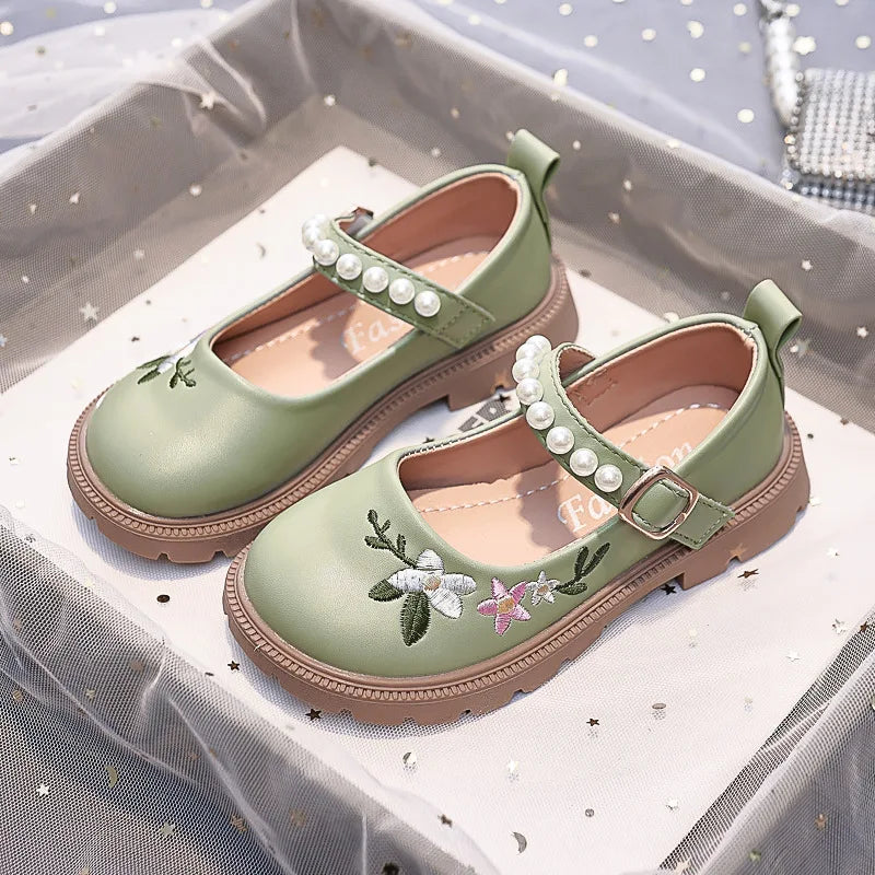 Girls Embroidery Princess Shoes 2024 Spring and Autumn Soft Bottom Children's Baby Leather Shoes Little Girl Shallow Mouth Shoes