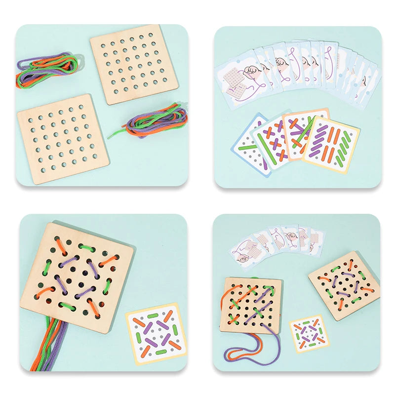 Montessori Wooden Threading Sewing Board Game Educational Toy Fine Motor Skills Learning Activity Puzzle for Kids Birthday Gift