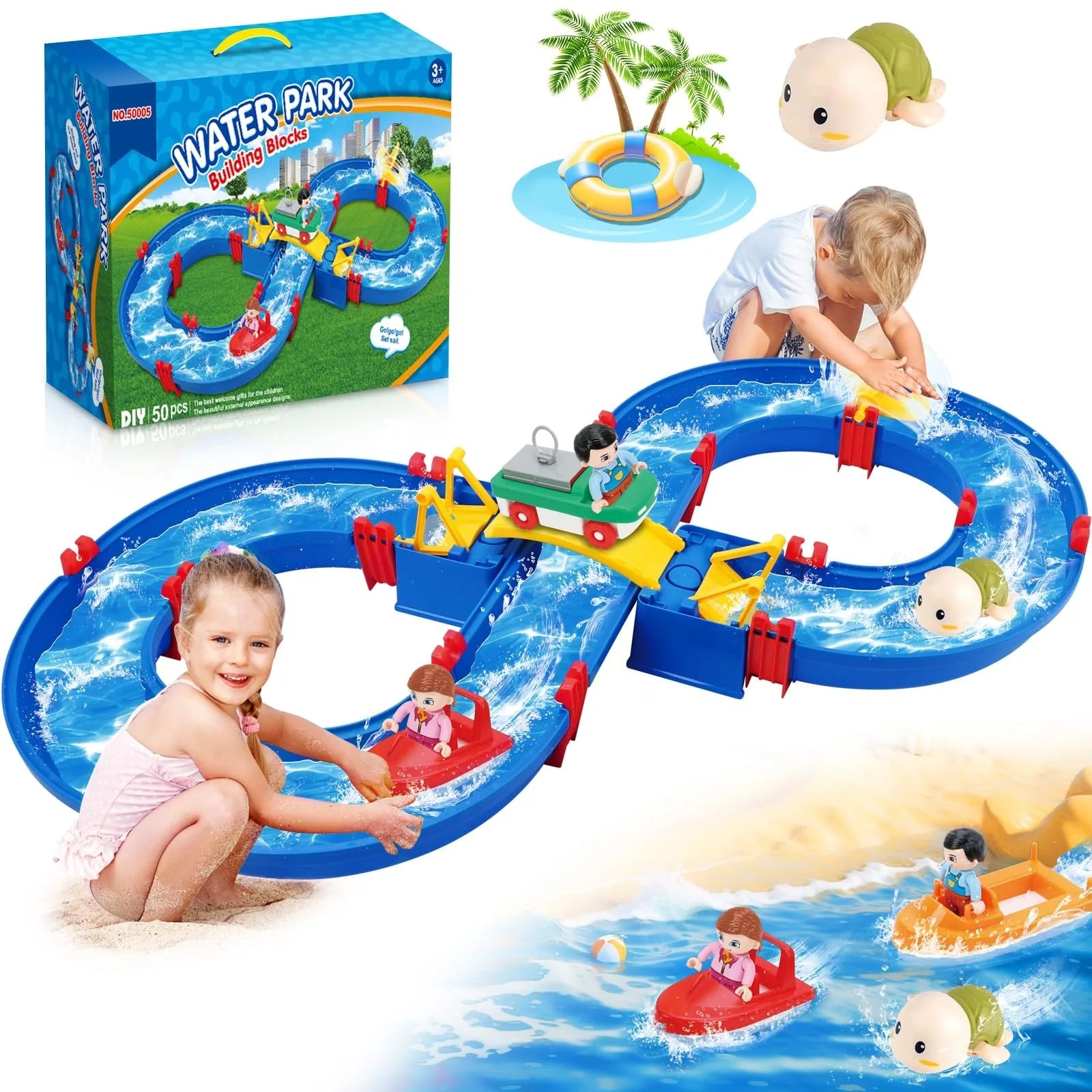 Children's outdoor water table toys, water park toy set of 50 DIY beach toys, lawn, pool waterway toys, suitable for boys and gi