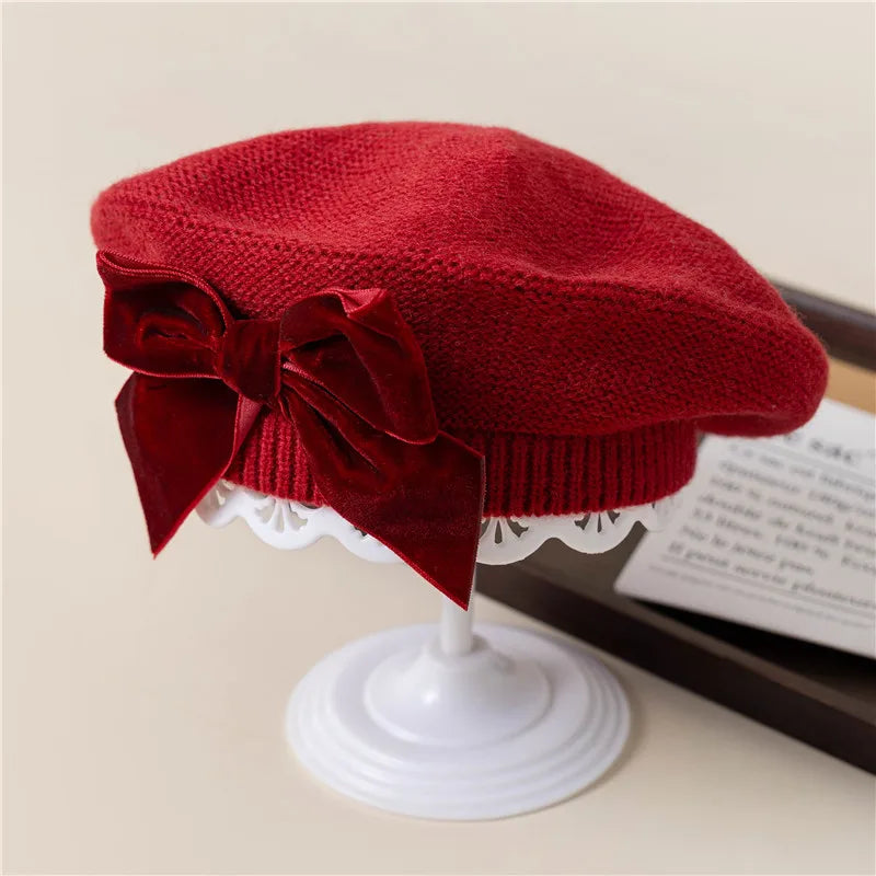 New Winter Baby Girls Warm Bowknot Knitted Hats Children Beret Beanie Hat Solid Hat Soft Chirstmas Kids Bonnet For 3-12Years