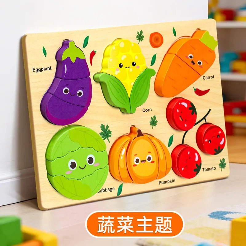 Montessori Wooden Toys 3D Wood Puzzles Cartoon Animal Car Fruit Cognitive Jigsaw Puzzle Early Learning Educational Toys for Kids
