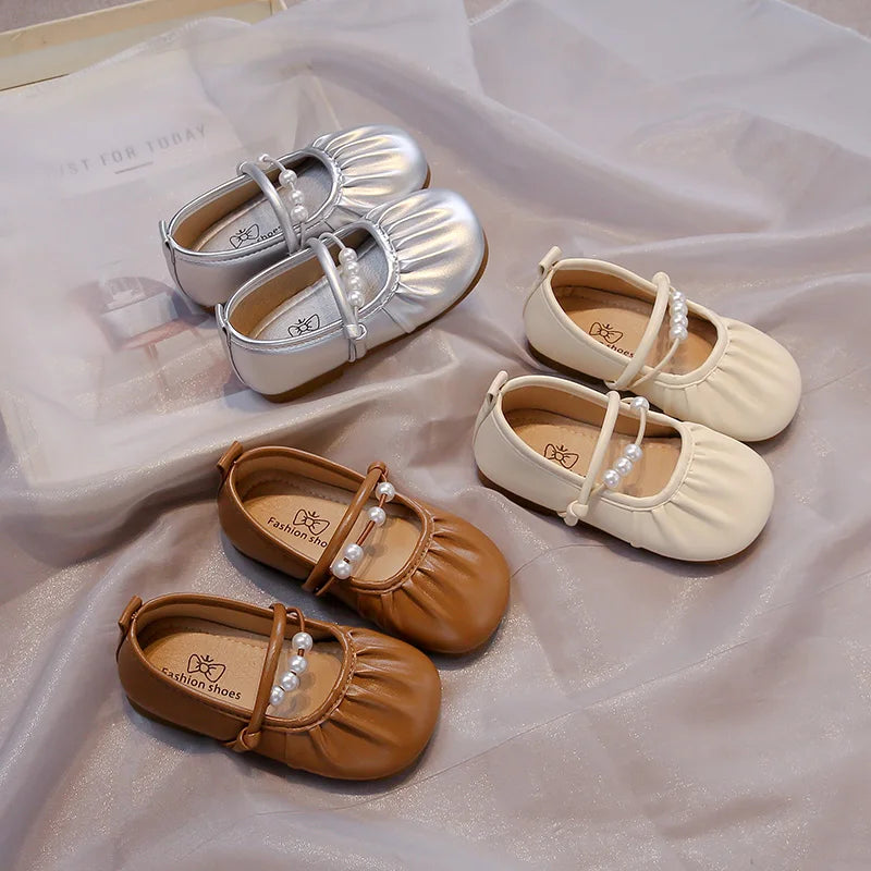 Girls Dance Shoes Soft Bottom Sweet Pleated Children Flats Elegant Round Toes 2025 Autumn New Kids Princess Shoes Pu Leather