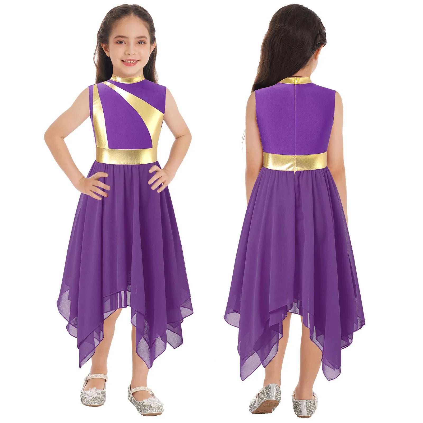 Kids Girls Modern Lyrical Ballroom Dance Dress Church Choir Praise Costume Sleeveless Asymmetrical Hem Contrast Color Gown