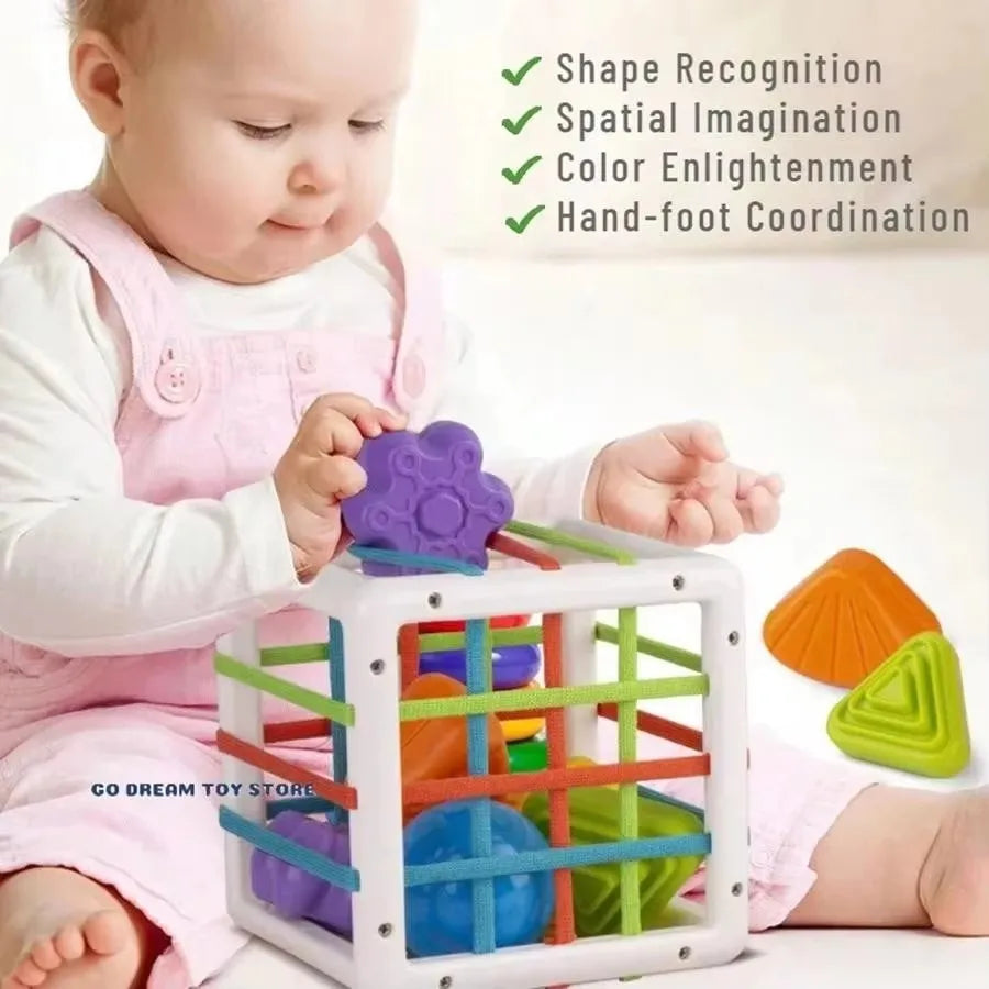 Montessori Baby Grasping Ball, Rainbow Sensory Toy with Rattle & Teether, Early Educational Shape Sorter for Fine Motor Skills
