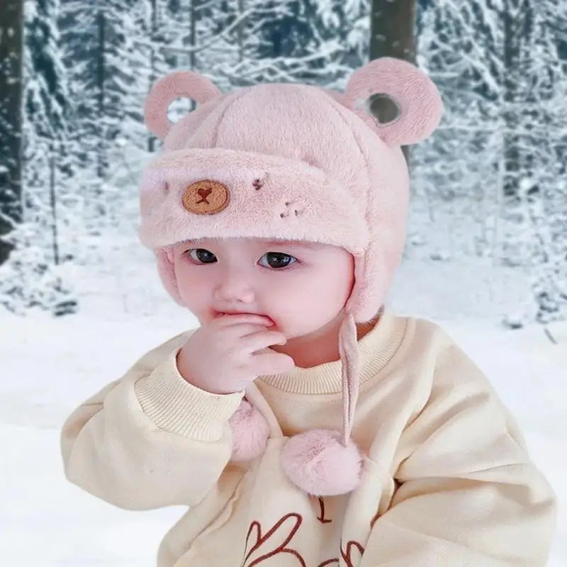 Cute Winter Warm Kids Girl Boys Baby Hats Fleece Wool Hemming Caps With Ball Solid Wool Ear Protection Hats Soft Newborn Bonnet