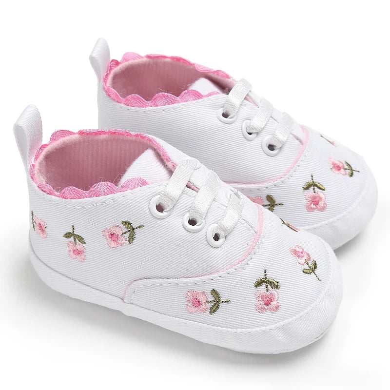 Baby Shoes Infant Pre-Walker Shoes, Floral Embroidery/ Bow Princess Sneakers, Soft Sole Casual Footwear for Baby Girls0-18M