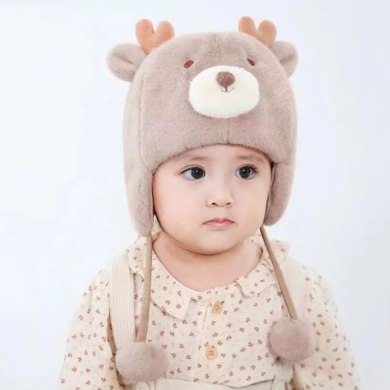 Cute Winter Warm Kids Girl Boys Baby Hats Fleece Wool Hemming Caps With Ball Solid Wool Ear Protection Hats Soft Newborn Bonnet