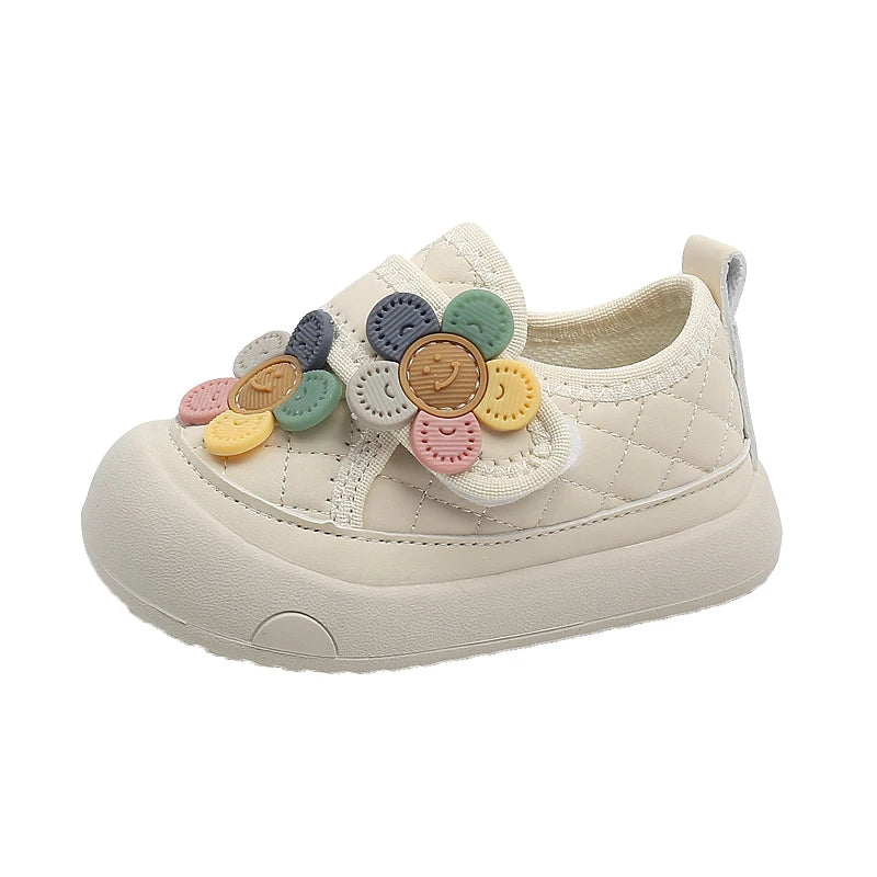 Baby Walking Shoes with Sweet Flowers Kids Casual Shoes Toes Capped 2026 Brand New Toddler Flat Shoes Round Toes Soft Non-slip