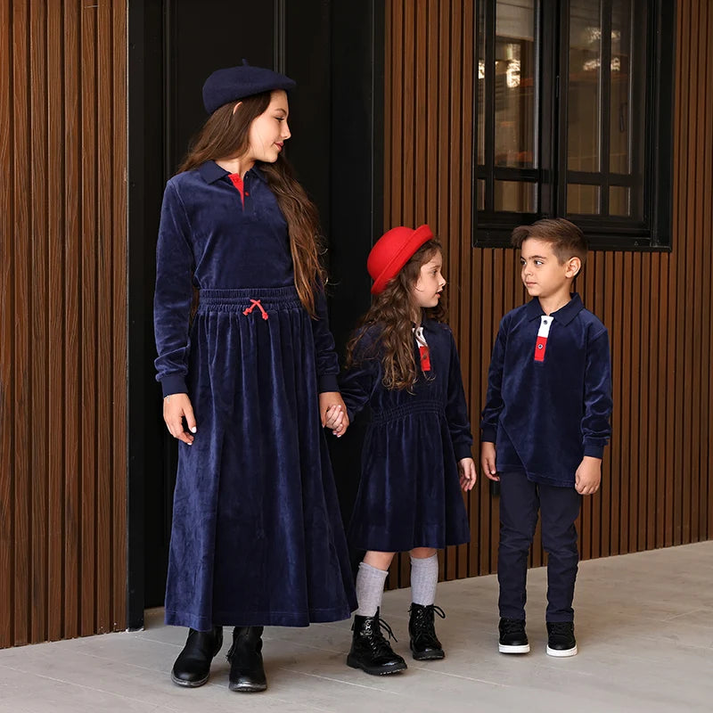 Family Clothes Navy Velour Set Girls Dress Boys Shirt Baby Romper Older 2 Pieces Set Long Sleeves Children Outfit Clothes