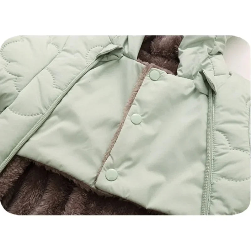 Winter Bear Ears Warm Baby Snowsuit Cute Solid Thickened Fleece for Girl Boy Jumpsuit Lined Double-Layer Hooded Toddler Romper