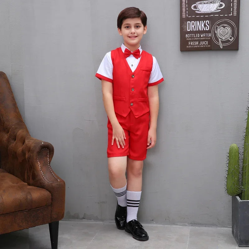 Boys' Small Suit, Vest Set, Big Children's Strap Pants, Performance Dress, Wedding Piano Performance