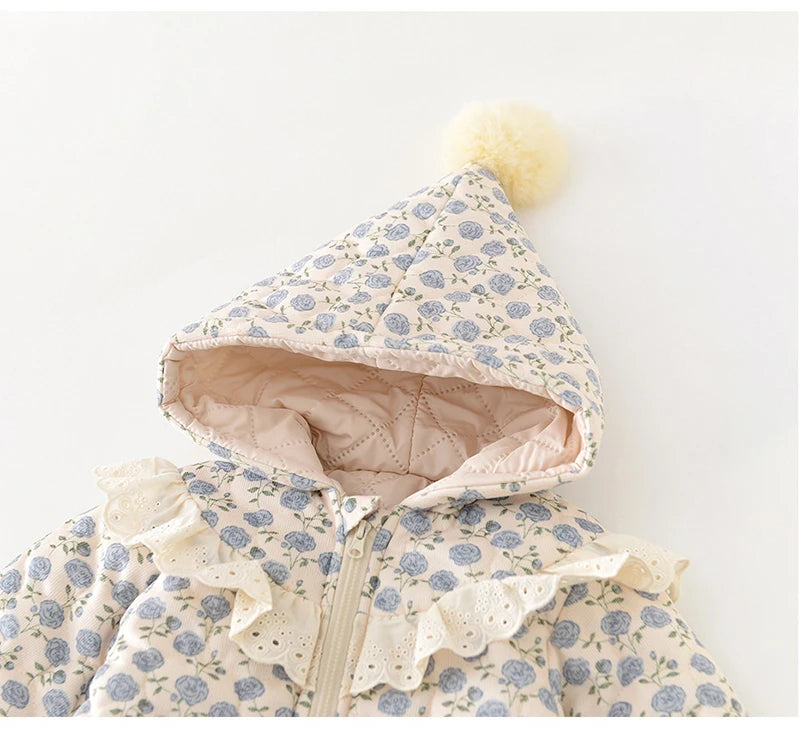 Baby Winter Jumpsuit 0-2 Years old Infant Girls Clothing Sweet Lace Floral of Print Romper Toddler Thick Warm Outerwear